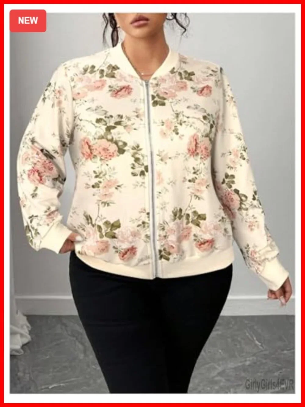 Plus Size Floral Varsity Jacket Zip Up Long Sleeve Bomber Lightweight Office